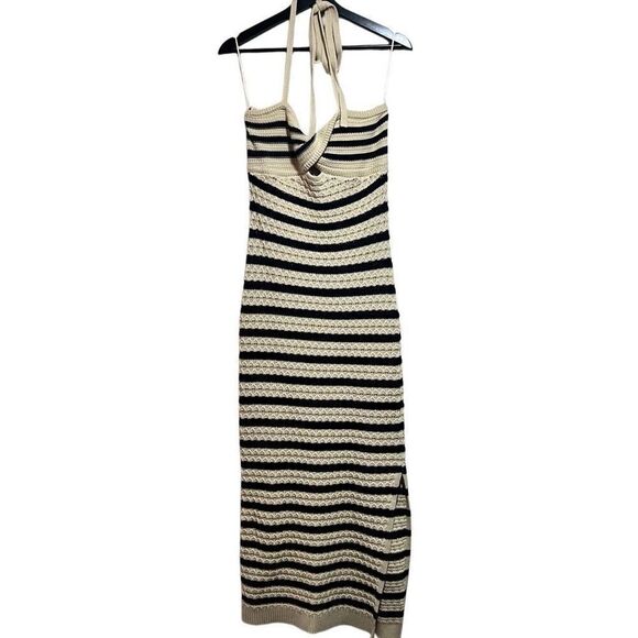 House of Harlow Revolve Twist Knot Halter Striped Knit khaki/navy Maxi Dress Sm - Picture 1 of 7